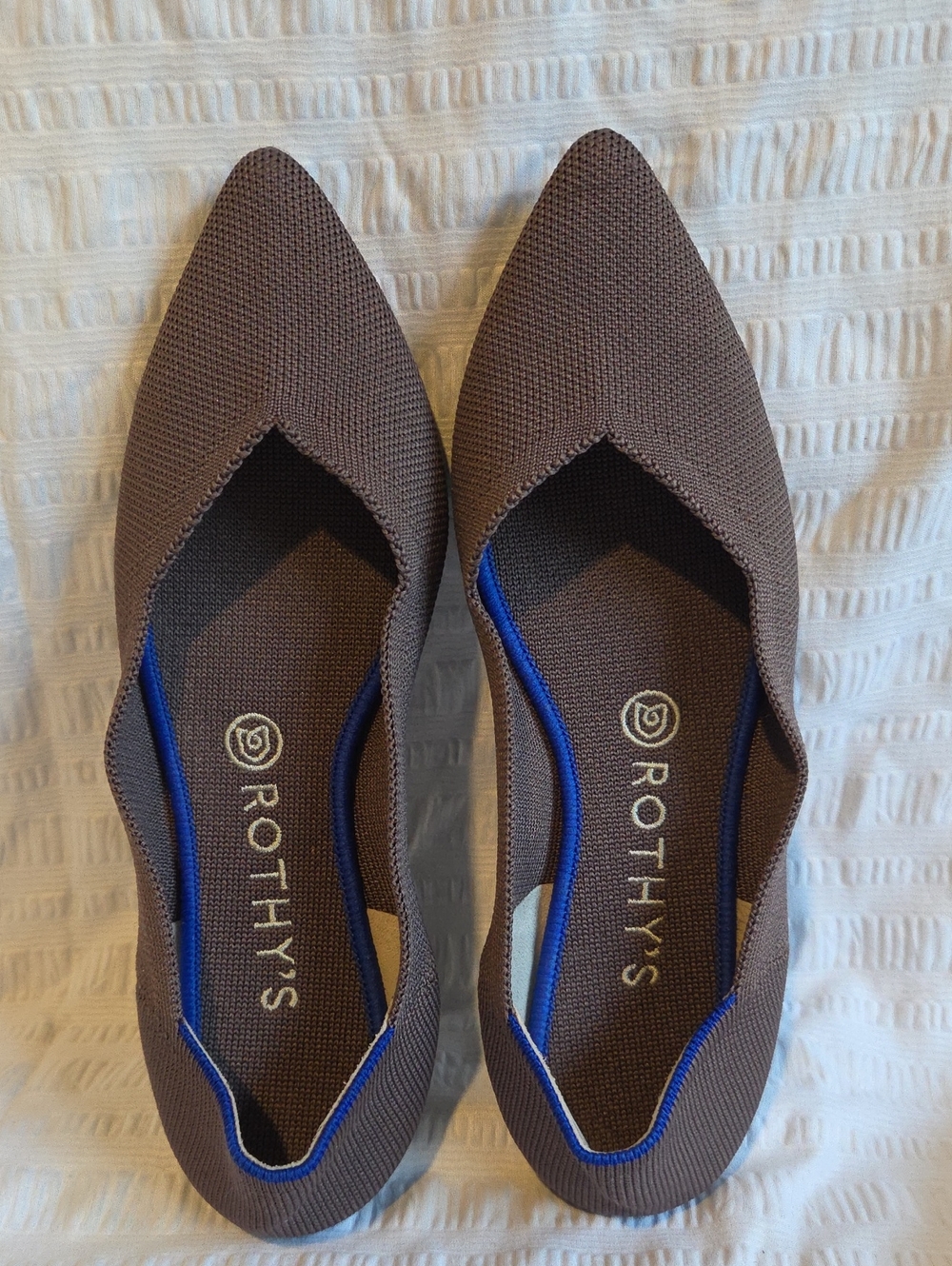 Rothy's Brown Pointed Knit Flats with Blue Trim